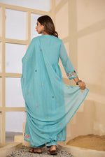 Pure Mul cotton embroidered Anarkali lining suit set in blue