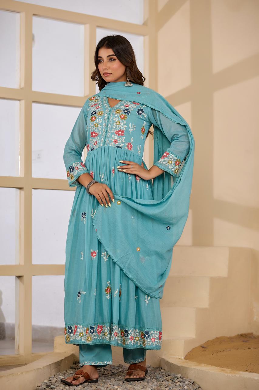 Pure Mul cotton embroidered Anarkali lining suit set in blue