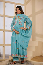 Pure Mul cotton embroidered Anarkali lining suit set in blue