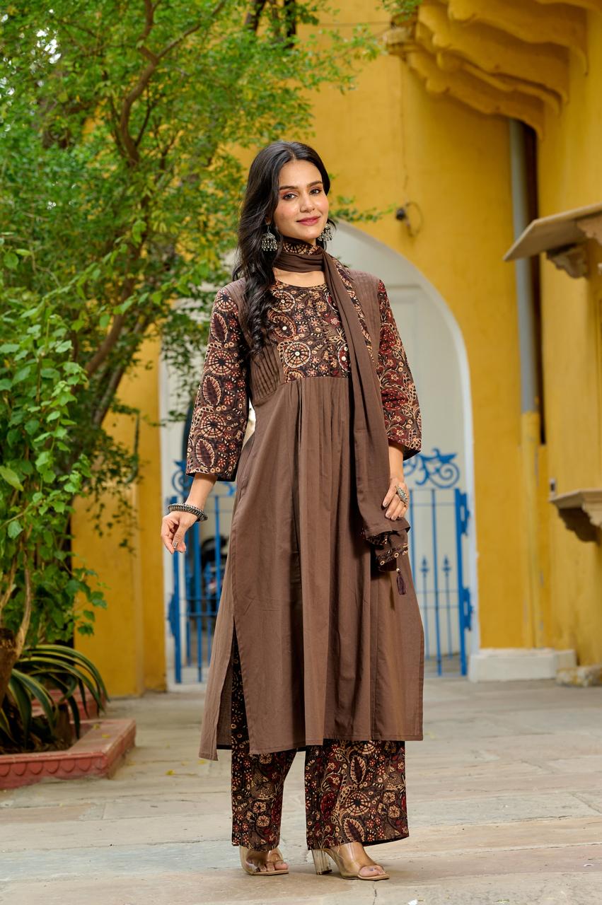 Wow Kalamkari cotton full suit set in brown
