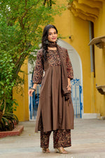 Wow Kalamkari cotton full suit set in brown