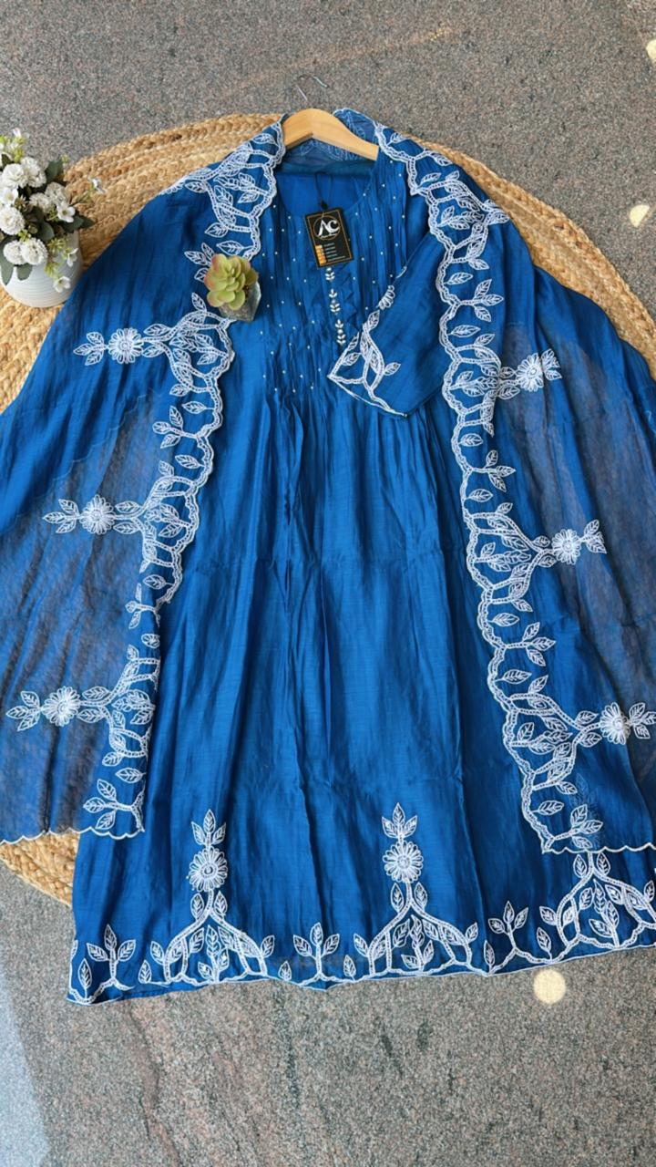 Fully embroidered Mul Chanderi suit set in blue (extra margin available)
