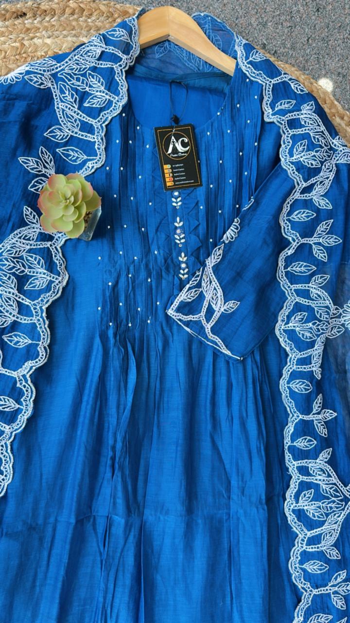 Fully embroidered Mul Chanderi suit set in blue (extra margin available)