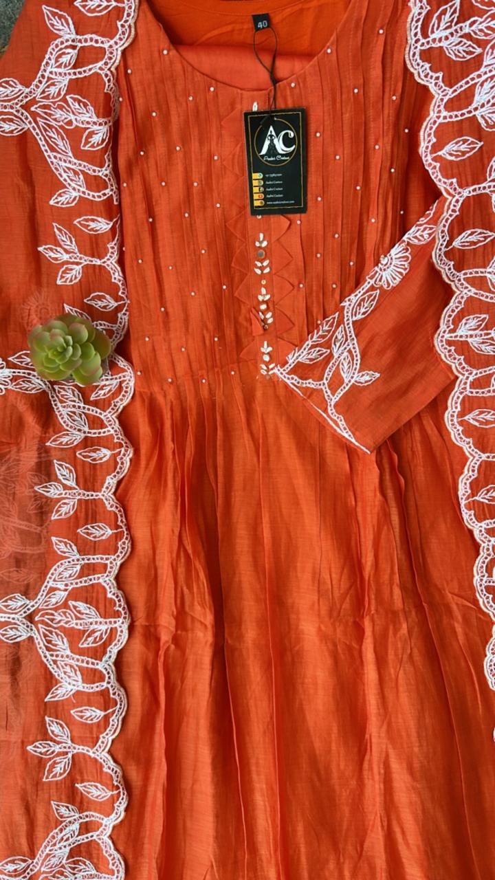 Fully embroidered Mul Chanderi suit set in orange(extra margin available)