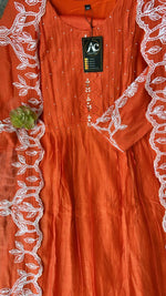 Fully embroidered Mul Chanderi suit set in orange(extra margin available)