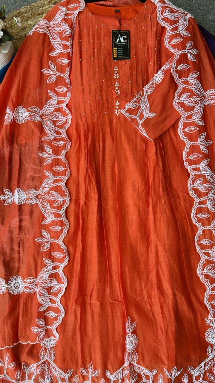 Fully embroidered Mul Chanderi suit set in orange(extra margin available)