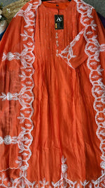 Fully embroidered Mul Chanderi suit set in orange(extra margin available)