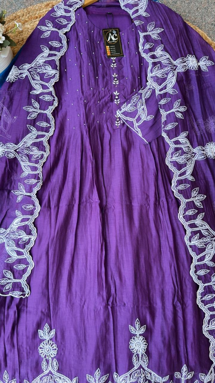Fully embroidered Mul Chanderi suit set in purple (extra margin available)