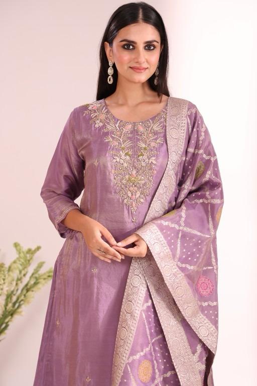 Shimmer tissue handwork shirt paired with banarasi dupatta and a shantoon pant (extra margin available)