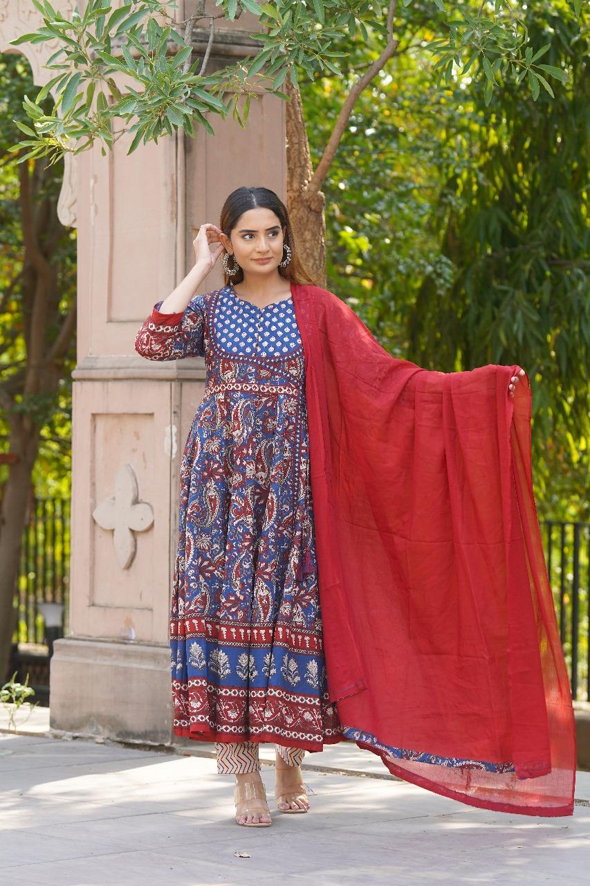 Pure cotton ajrakh Anarkali suit set in blue