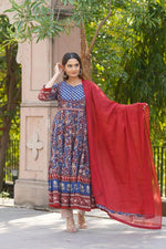 Pure cotton ajrakh Anarkali suit set in blue