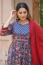 Pure cotton ajrakh Anarkali suit set in blue