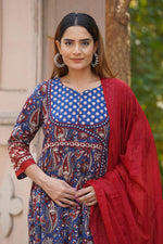 Pure cotton ajrakh Anarkali suit set in blue
