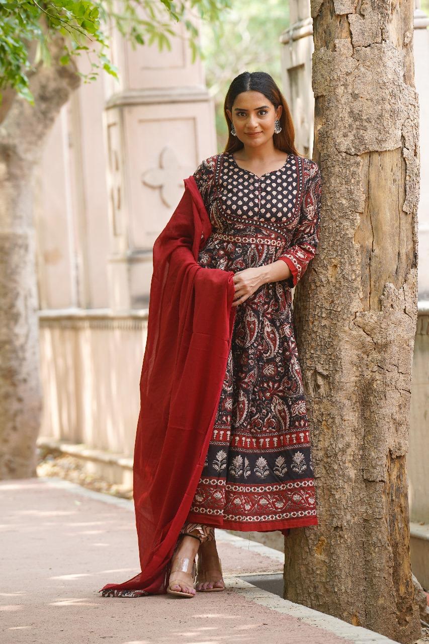 Pure cotton ajrakh Anarkali suit set in black