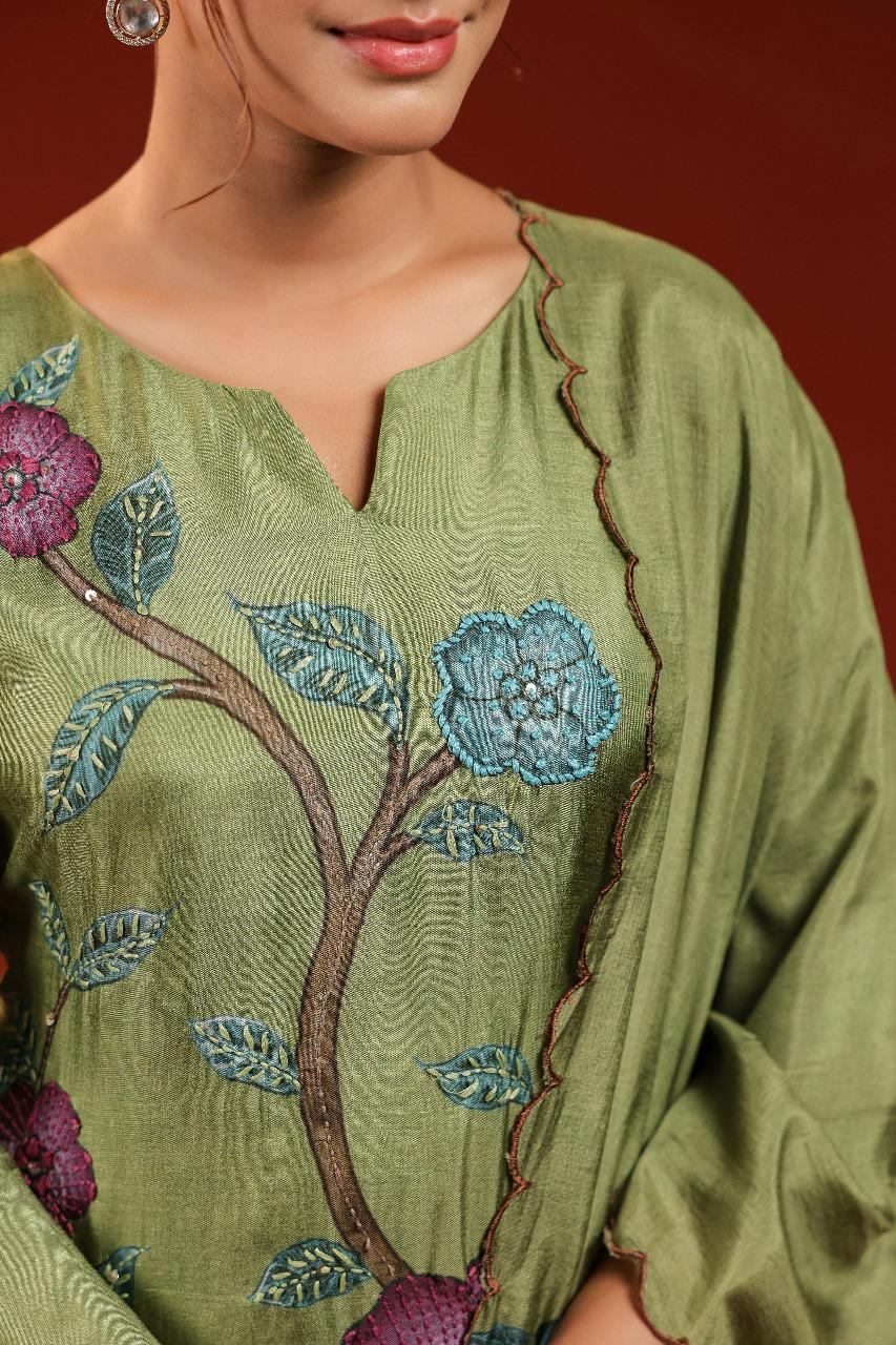 Dola silk with lining full katha stitched suit set