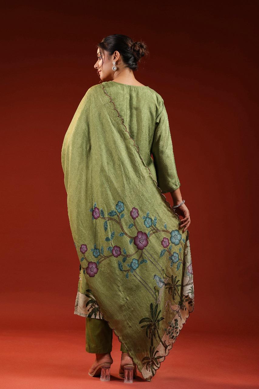 Dola silk with lining full katha stitched suit set