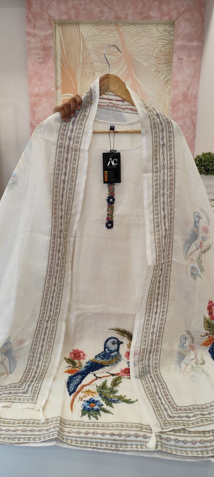 Designer linen Chanderi katha stitched suit set in white