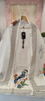 Designer linen Chanderi katha stitched suit set in white