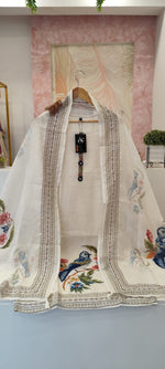 Designer linen Chanderi katha stitched suit set in white