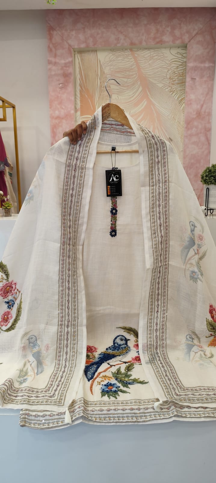 Designer linen Chanderi katha stitched suit set in white