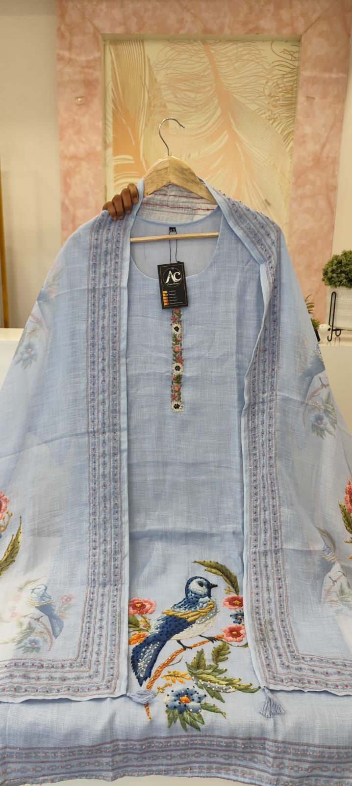 Designer linen Chanderi katha stitched suit set in blue