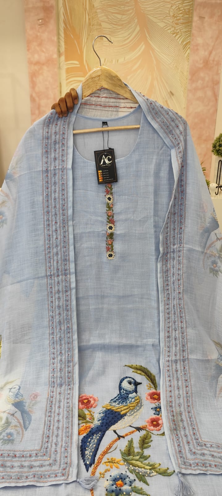 Designer linen Chanderi katha stitched suit set in blue