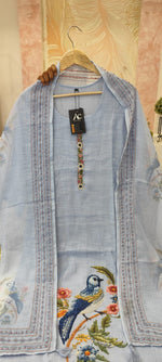 Designer linen Chanderi katha stitched suit set in blue