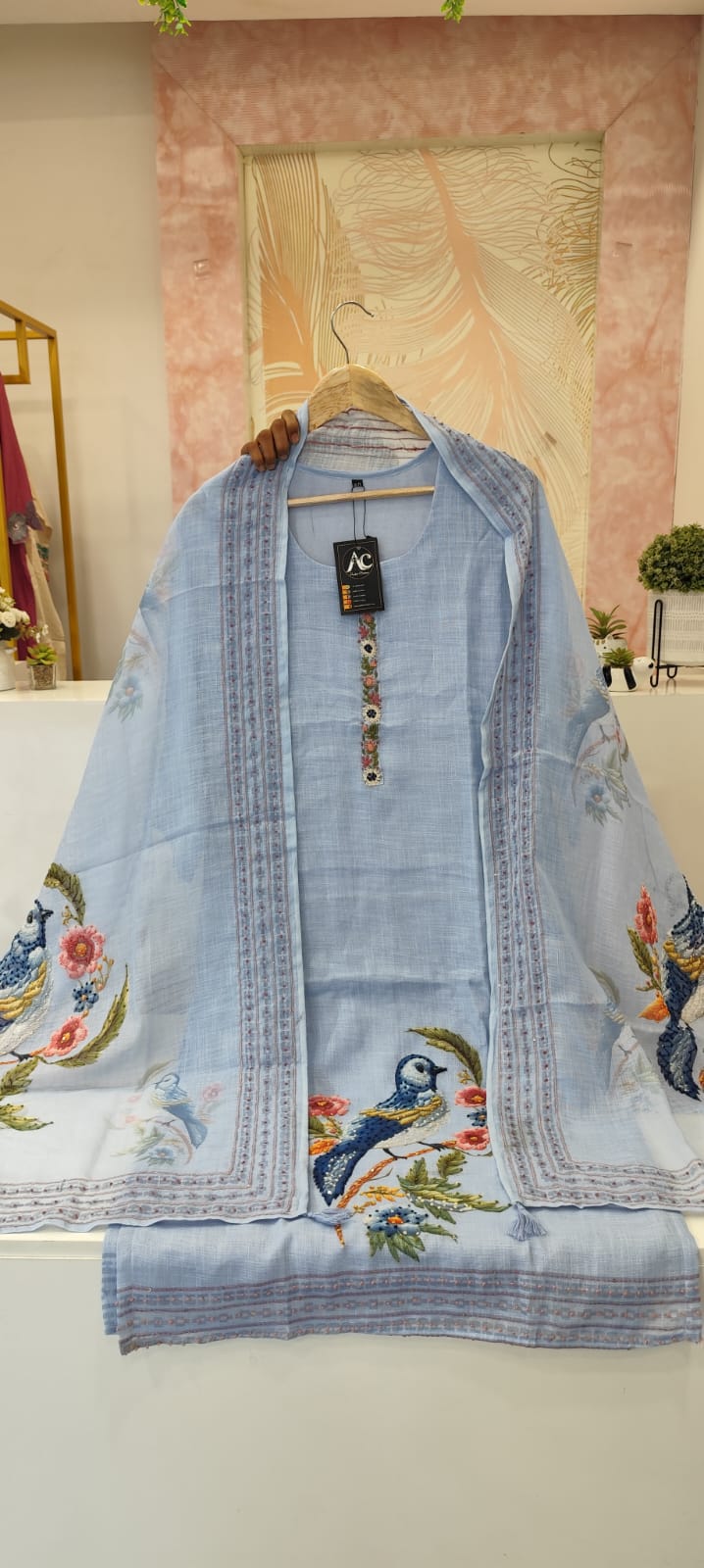 Designer linen Chanderi katha stitched suit set in blue
