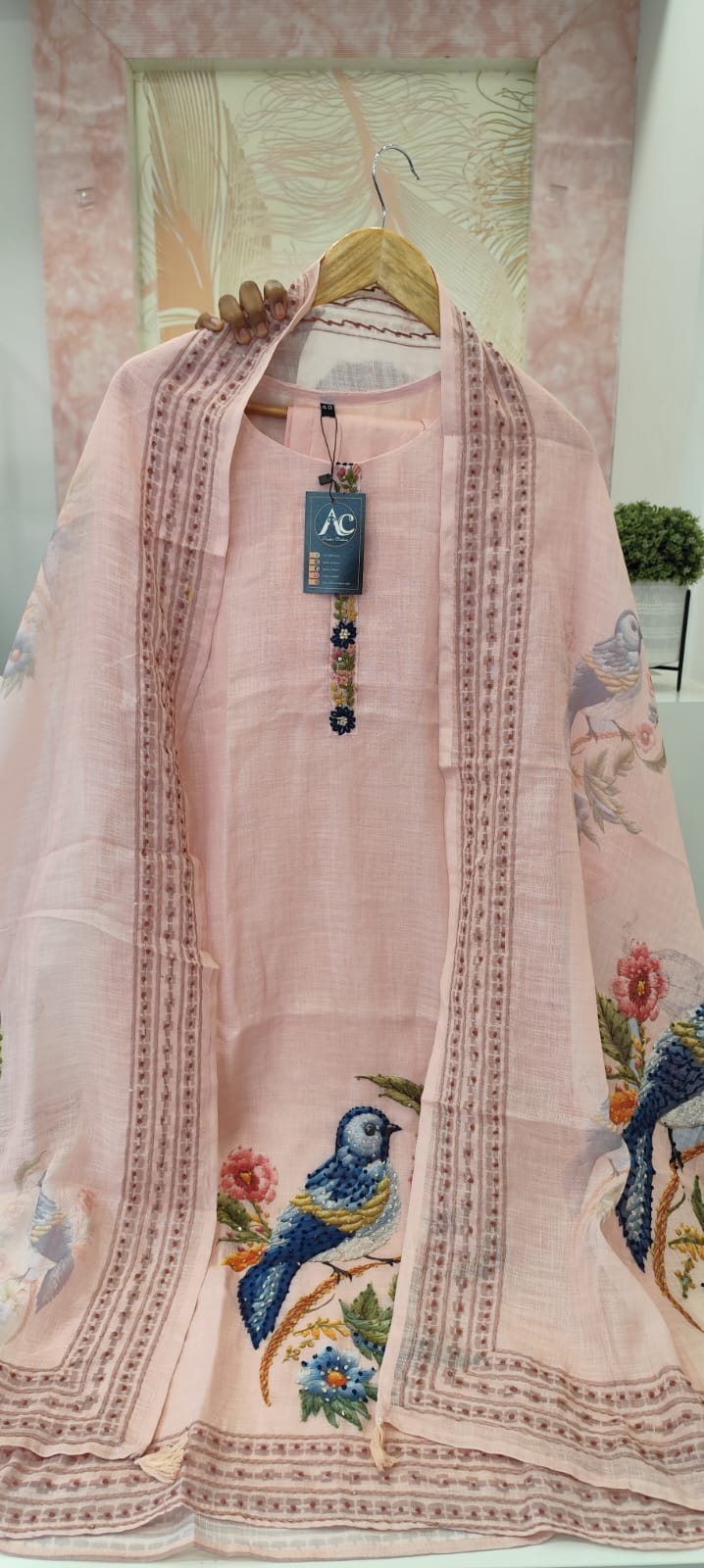Designer linen Chanderi katha stitched suit set in pink