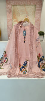 Designer linen Chanderi katha stitched suit set in pink