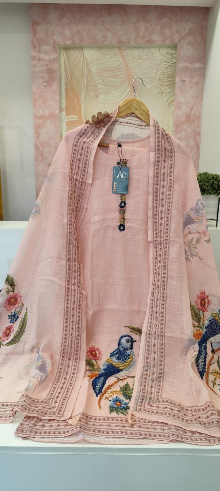 Designer linen Chanderi katha stitched suit set in pink