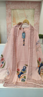 Designer linen Chanderi katha stitched suit set in pink