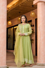 Premium designer Mul Chanderi suit set in green