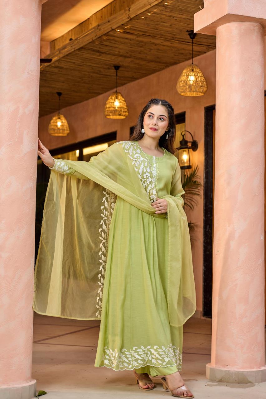 Premium designer Mul Chanderi suit set in green