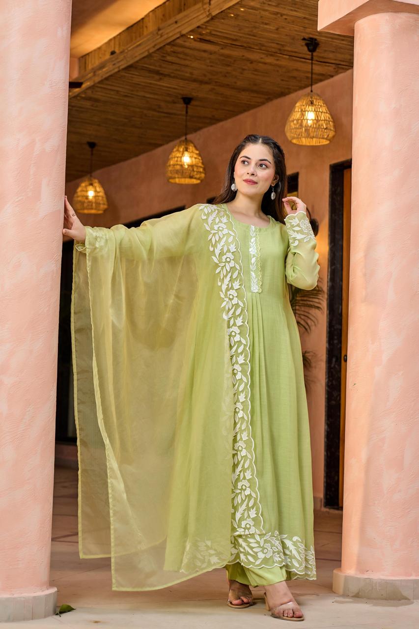 Premium designer Mul Chanderi suit set in green