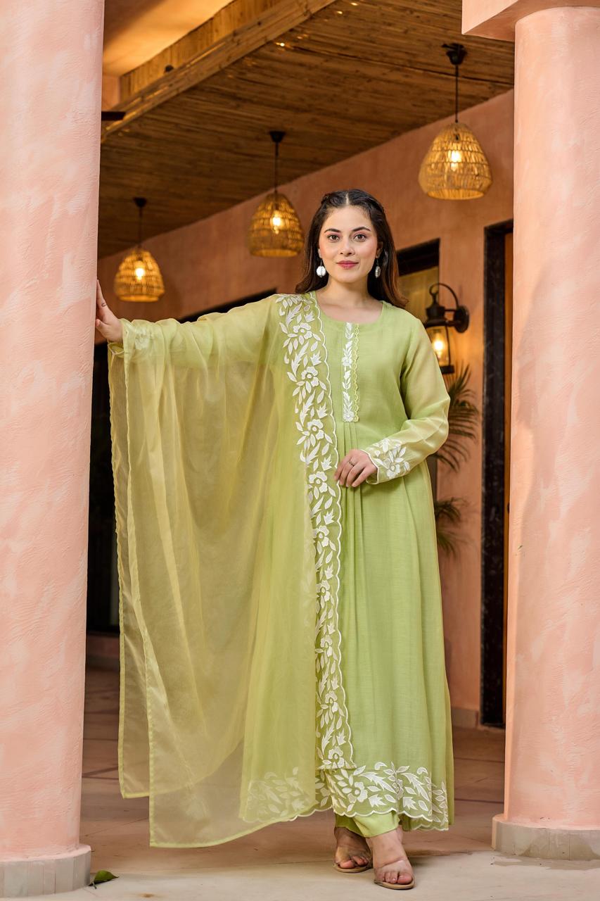 Premium designer Mul Chanderi suit set in green