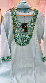 Pretty Mul Chanderi hand embroidered full suit in green