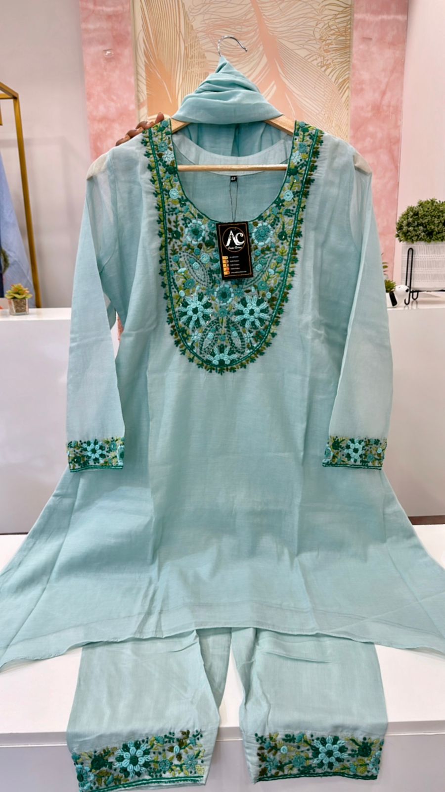 Pretty Mul Chanderi hand embroidered full suit in green