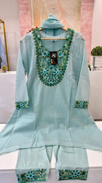 Pretty Mul Chanderi hand embroidered full suit in green