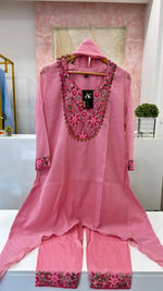 Pretty Mul Chanderi hand embroidered full suit in pink