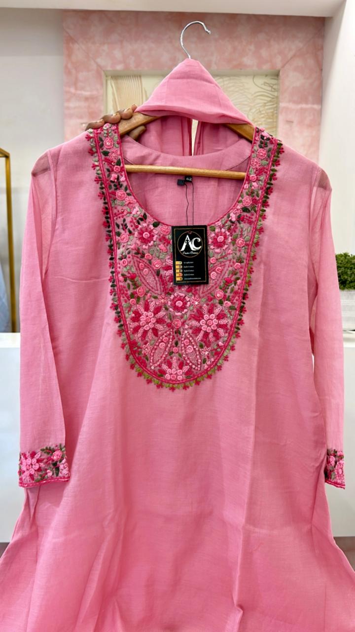 Pretty Mul Chanderi hand embroidered full suit in pink