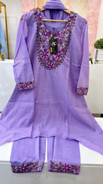 Pretty Mul Chanderi hand embroidered full suit in purple