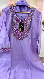 Pretty Mul Chanderi hand embroidered full suit in purple