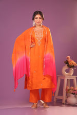 Pretty hand work dola silk suit set paired with organza dupatta ( extra margin available)