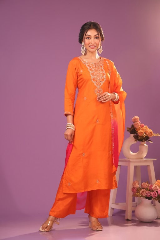 Pretty hand work dola silk suit set paired with organza dupatta ( extra margin available)