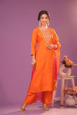 Pretty hand work dola silk suit set paired with organza dupatta ( extra margin available)