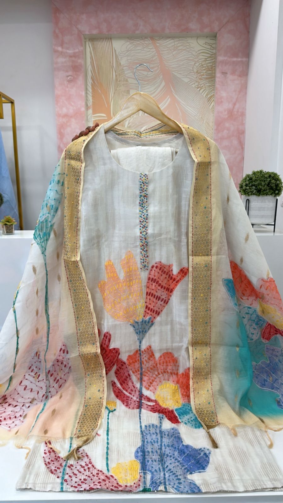 Pretty soft linen Chanderi hand githan work lining full suit set (extra margin available)