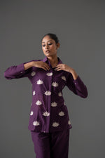 Pretty embroidered Mul Chanderi suit set in wine