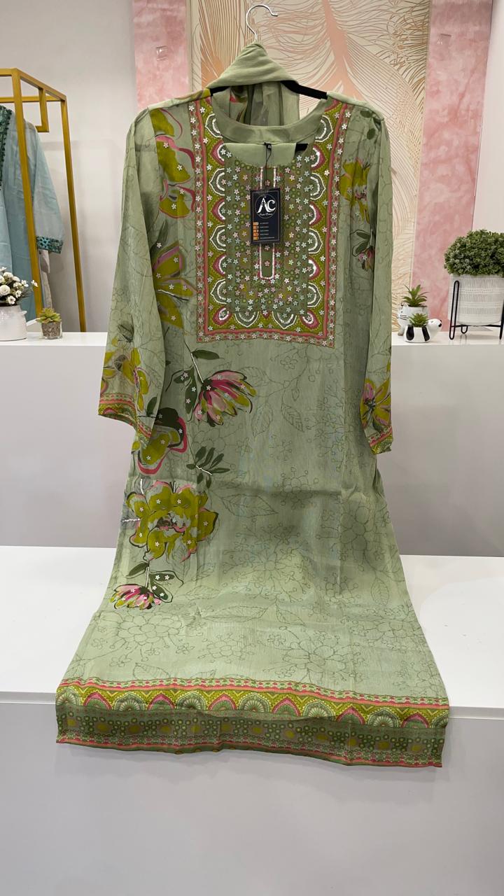 Heavy chinon tissue digital printed floral suit set in green