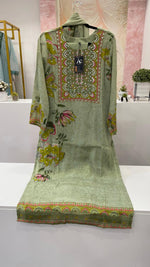 Heavy chinon tissue digital printed floral suit set in green